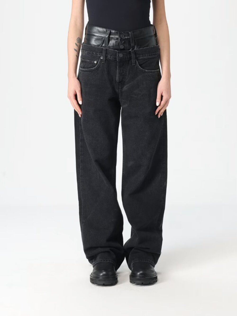 AGOLDE Elson High Rise Loose Jeans Leather Waistband Washed Black NWT | Size 27